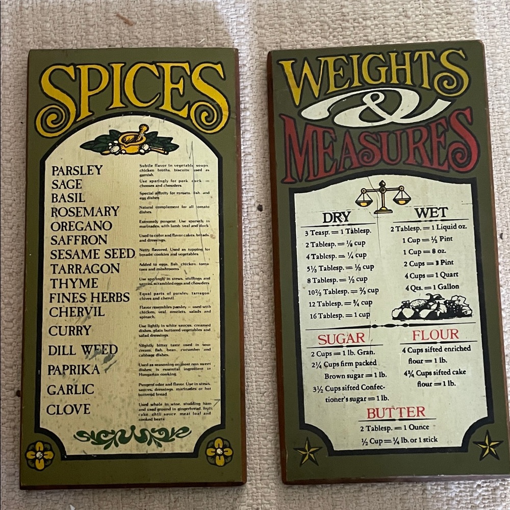 Vintage hand painted weights/measures & spices wood plaques
